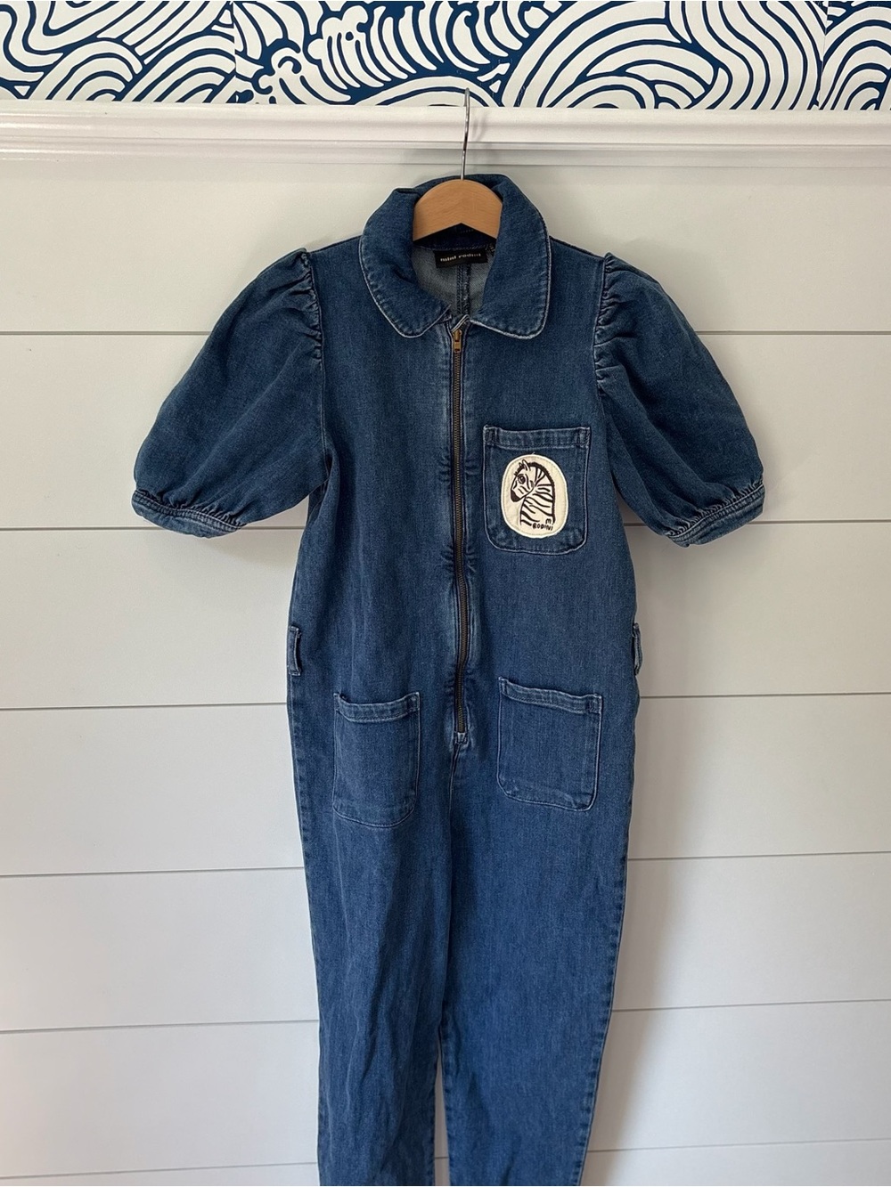 Mini Rodini Denim Zebra Blue Kids Jumpsuit with Puff Sleeves - 8-9 Years